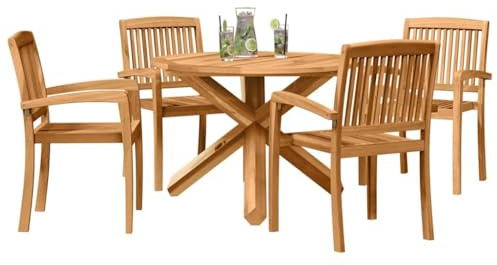 vidaXL Garten Essgruppe 3 pcs Braun Massivholz Akazie, Garten und Terrasse, runder Holztisch, wetterfestes Set, gemütliches Essmöbel für Balkon