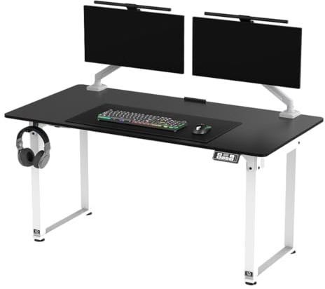 Ultradesk - Bureau Gaming, Bureau Assis Debout, Reglable en Hauteur Electrique, avec Accessoires - Informatique - Jusqu’à 3 écrans, Tapis de Souris, Panneau de Contrôle - 160x75 cm, Blanc/Noir