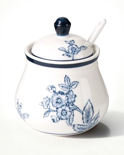Magclay Ceramic Sugar Bowl with Lid and Spoon, 11Oz Sugar Dispenser | Sugar Container for Coffee Bar, Blue and White Sugar Jar, Flowers and Branches