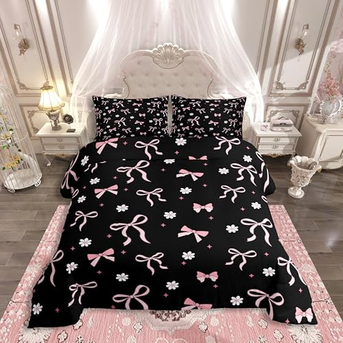 Homewish Mädchen Schwarz mit Rosa Schleifen Bettwäsche 135x200 | Bettbezug 2 Teilig Süße Blumen Bettwäsche-Set Aesthetic Rosa Prinzessin Bettset