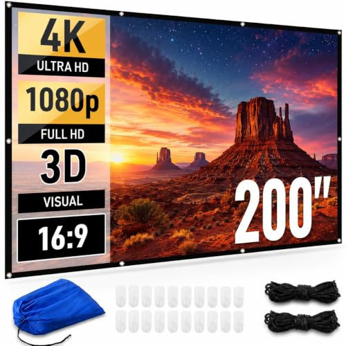 Japard Schermo proiettore da 200 pollici per interni ed esterni, 4K Full HD 3D 16:9, proiezione su entrambi i lati, pieghevole, portatile, montaggio a parete, sospensione, extra grande, per film in
