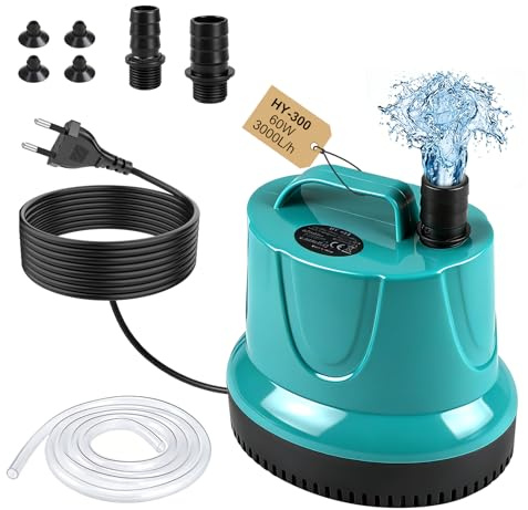 EXLECO Bomba de Agua Sumergible 60W 3000L/H, Mini Water Pump, Bombas de Achique para Aguas Sucias, Acuario, Estanque Jardín – Verde