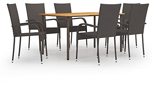 JHQHSM 7-TLG. Garten-Essgruppe aus Poly Rattan in Braun mit Akazienholz Tisch und Stapelstühlen für Terrasse Diese 7-teilige braune Garteneinrichtung kombiniert einen robusten