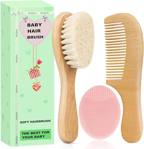 Molylove Baby Hair Brush and Comb Set for Newborns & Toddlers | Wooden Baby Brush Set with Soft Goat Bristles l Wood Comb l Pink Cradle Cap Brush| Ideal for Cradle Cap (3PCS)
