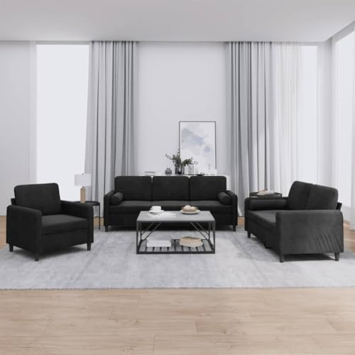 HFXHIJXQ 3-TLG. Samt-Sofagarnitur Schwarz, Eckcouch 2-/3-Sitzer, 78×77×80 cm, Sperrholz/Metall, f. Wohnzimmer, Schlafzimmer, Büro