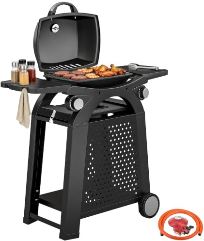 Outsunny 2 Burner Gas Grill, 2-in-1 Portable Tabletop BBQ, 3.8 KW, Black | 2 Detachable Side Tables, Wheels, Steel Barbecue Grill, Cast Iron Grates, Thermometer, Grease Tray, Hooks