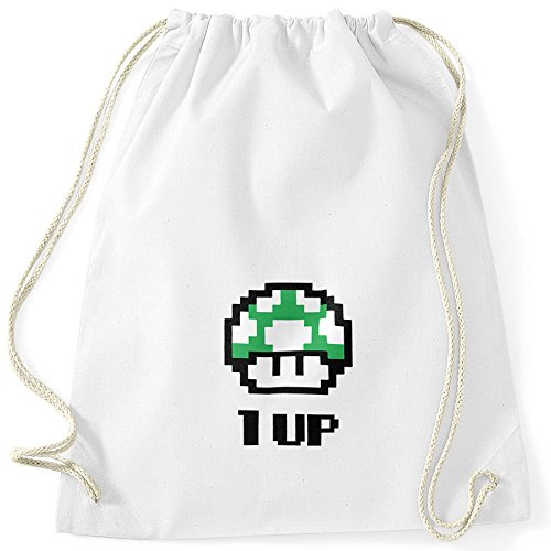 MoonWorks Turnbeutel Geburtstag Retro Pixel-Pilz 1-Up-Pilz Level-Up Gaming Konsole 90er Weiss unisize
