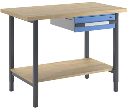 eurokraft | pro | Höhenverstellbare Werkbank | Gestellbauweise | 1 Schublade | 1 Ablageboden | Breite 1250 mm | anthrazit/blau