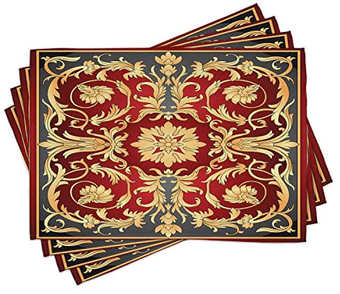 ABAKUHAUS Türkisch-Muster Platzmatten, Osmanische Spirale Laub Muster Rahmen mit filigranen Stil Royal und Retro, Waschbare Stoff Esszimmer Küche Tischdekorations Digitaldruck, Senf Schwarz
