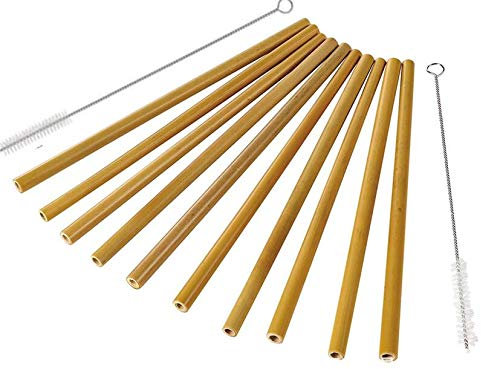 Pailles en bambou réutilisables, biodégradables, respectueuses de l'environnement, sans BPA, 10 pailles avec sac de paille et brosse de nettoyage 23 cm couleur naturelle