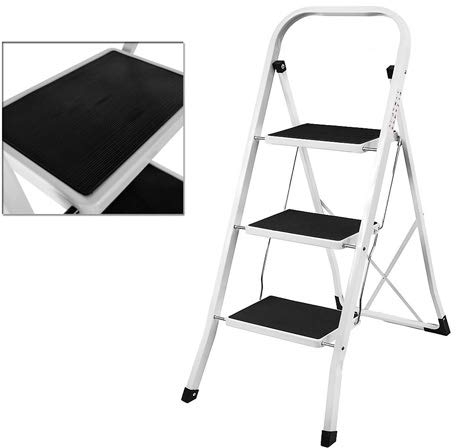 Portable Folding Stepladder, 3 Tread, Compact Ladder with Safety Hand Rail, 150kg Load Capacity, Extra Large Steps, Non-Slip Moulded Rubber Ferrules, Ideal for Home/Kitchen/Garage