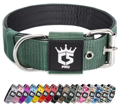 TSPRO Taktisches Hundehalsband, Robustes Halsband für Hunde mit Metallschnallenverschluss, 3,8 cm Breit, Verstellbar und Dick für Mittel bis Großgroße Hunde (Grün L)
