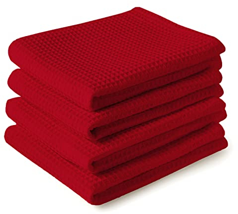 Encasa XO Kitchen Dish Towels Set | Red | Waffle Weave and Flat Hand Tea Towel | 70x45 cm | Quick Drying Reusable Cotton Washcloths | Multipurpose Lightweight Dishcloths Set of 4