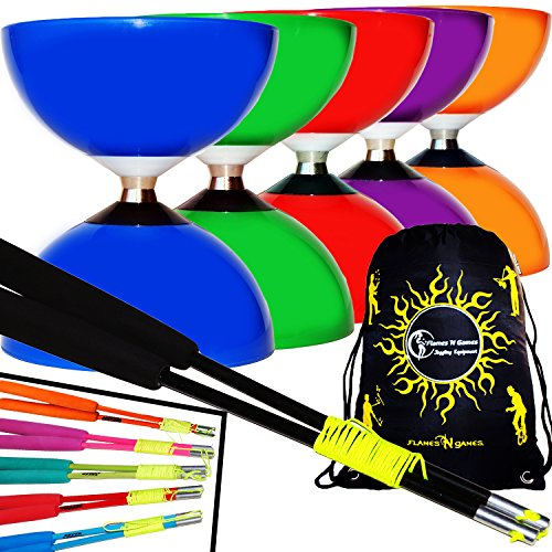 Carousel Diabolo Roulement A Bille + Diabolo Baguettes en Fiber et Diablo Ficelle + Diabolos Sac de Transport. Idéal pour Les Enfants et Les débutants (Rouge Diabolo + Vert Baguettes)