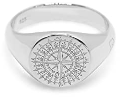 Herren Ring Silber Kompass Siegelring massiv 925 Sterling Silber Gravur rund poliert glänzend maritim | Männer-Schmuck mit Geschenkverpackung (Rose, 60)