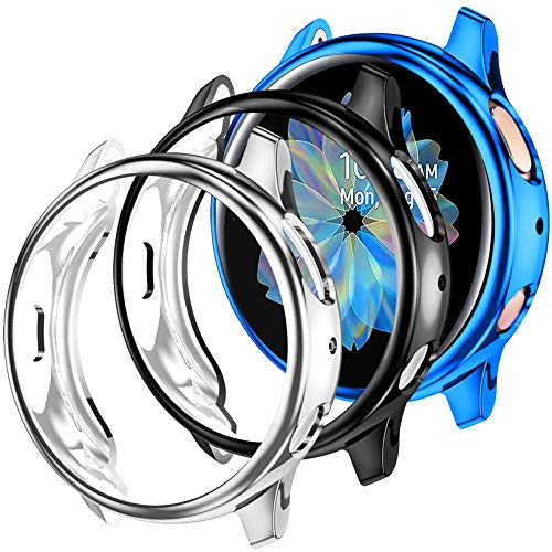 Dirrelo Kompatibel mit Samsung Galaxy Watch Active 2 44mm Hülle, [3 Stück] Weiches Ultradünne TPU Schutzhülle Vollständige Abdeckung Case für Samsung Galaxy Watch Active 6, Schwarz+Silber+Blau