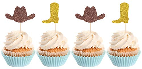 MonMon & Craft 24 Pcs West Cowboy Cupcake Toppers for Birthday / Baby Shower / Cowboy Hats Boots Western Theme Party Cake Decorations / Glitter Wester Cupcake Toppers