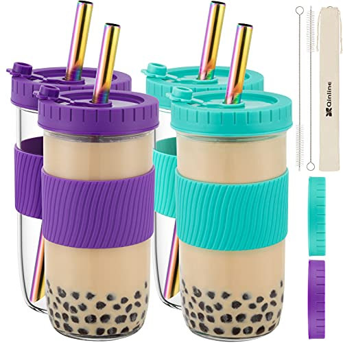 Reusable Boba Cup Bubble Tea Cup 4 Pack, 24Oz Wide Mouth Smoothie Cups with Lid, Silicone Sleeve & Angled Wide Rainbow Straws, Leakproof Glass Mason Jars Drinking Bottle Travel Tumbler for Large Pearl