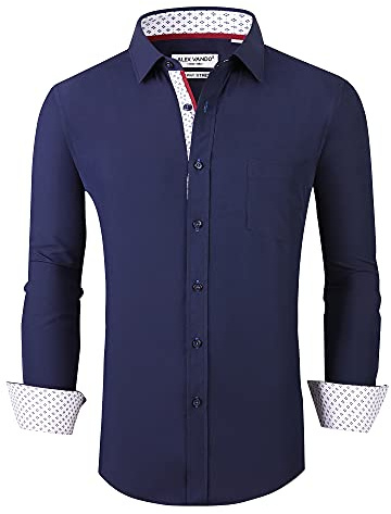 Alex Vando Mens Dress Shirt Wrinkle Free Regular Fit 4-Way Stretch Button Down Shirts, Navy, XXL