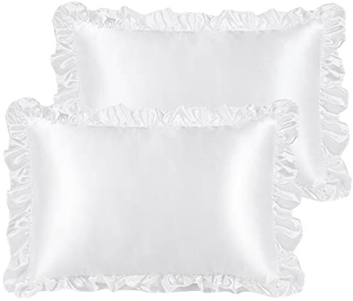 PiccoCasa Satin-Kissenbezüge für Haar und Haut, Retro-Kissenbezug mit luxuriösen Rüschen und Hotelverschluss, Satin-Kissenbezüge, 2 Stück, weiß, 50 x 65 cm