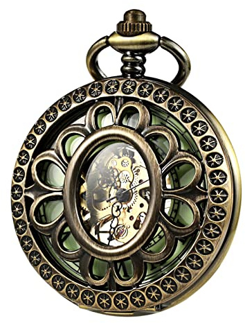 TREEWETO Montre de poche mécanique unisexe avec motif floral creux et squelette et chiffres romains luminescents avec boîte cadeau et chaîne, bronze, Classique