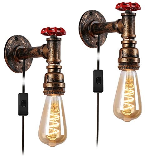 Hefoklu Industrial Pipe Lamps Set of 2 Wall Lamps with Plug in Cord for Bedroom Bedside Lighting Brass Vintage Gold Water Pipe Steampunk Sconces Farmhouse Mounted Fixtures E27 Socket with Switch