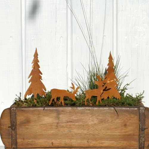 Storm's Gartenzaubereien Elch Weihnachtsdeko 4er - Set mit Tannen in Rostoptik zum Stecken