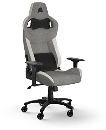 Corsair T3 Rush Gaming-Stuhl mit Stoffbezug (2023) – Vom Rennsport inspiriertes Design – Bezug aus Weichem – Gepolstertes Nackenkissen – Lendenstütze aus Memory-Schaumstoff – Grau und Weiß