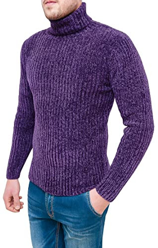 Evoga Pullover Dolcevita Uomo a Collo Alto Maglione Invernale in ciniglia (3XL, Viola)