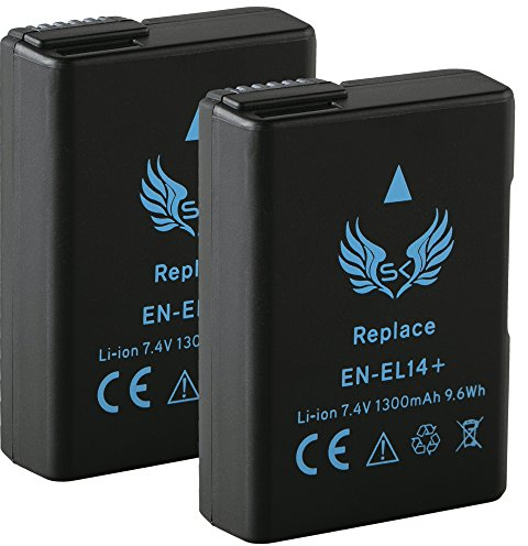 SK Lot de 2 batteries de rechange pour Nikon EN-EL14 | 1300 mAh | EN-EL14A pour Nikon D3100 D3200 D3400 D3500 D5100 D5300 D5500 D5600 DF // CoolPix P7100 P77000 P780. 0