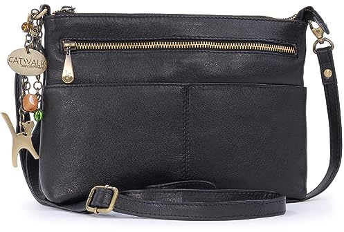 Catwalk Collection Handbags - Damen Leder Umhängetasche - Crossbody Bag/Handtasche Mittelgroß - Verstellbarer Abnehmbarer Gurt - JENNY - Schwarz