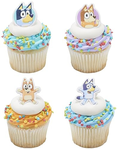 DecoPac Bluey So Much, 72 decorazioni per cupcake con decorazioni 3D per torte con bluy, bingo, bandito e peperoncino, per uso alimentare, confezione da 72