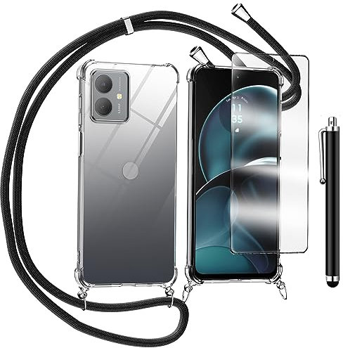 TTSWJBD Handykette für Motorola Moto g14 Hülle mit Displayschutzfolie Schutzfolie, Necklace Handyhülle mit Abnehmbar Kordel zum Umhängen Transparent Silikon Schutzhülle mit Band in Schwarz