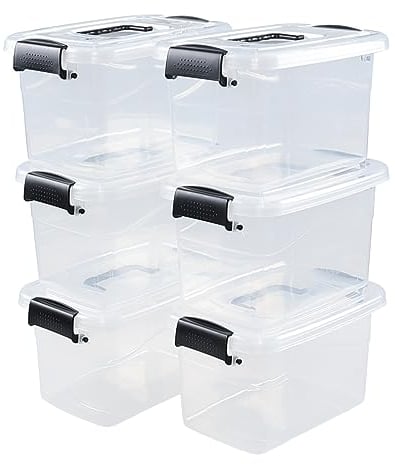 Lesbye 6 Pack Storage Boxes with Lids, Plastic Small Clear Stackable Box for Shelves Toys, 5L