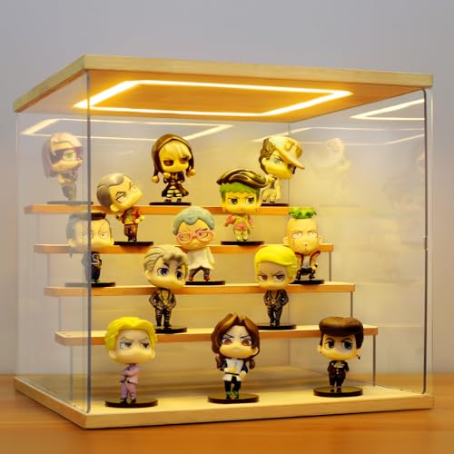 AZEYN Acryl Vitrine mit LED Beleuchtung, 3/4/5/6 Stufen Staubdicht Schaukasten für Minifiguren, Display Case Box für Modellautos Collectibles (Holz 5 Stufen 32×31×30cm)
