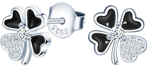 MICMIF Damen Ohrringe Vierblättriges Kleeblatt Silber 925 Ohrstecker Kleeblatt Zirkonia, Schwarz und Weiße Elegante Ohrstecker Schmuck Hypoallergen für Frauen und Mädchen