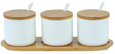 Yhuasia Zuccheriera, Zuccheriera Moderna, Zuccheriera Ceramica, Vasetti da Condimento con Cucchiai Vasetti In Ceramica con Cucchiai e Coperchi In Bambù Per La Conservazione di Zucchero, Sale (Bianco)