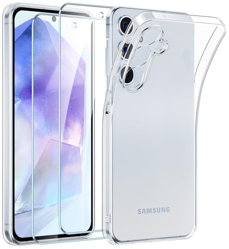 Phoona Coque pour Samsung Galaxy A55 5G avec 2 Pièces Protection Écran en Verre Trempé,Ultra Transparente Silicone en Gel TPU Souple pour Samsung A55 Couqe,Antichoc Anti-Jaune Etui Bumper