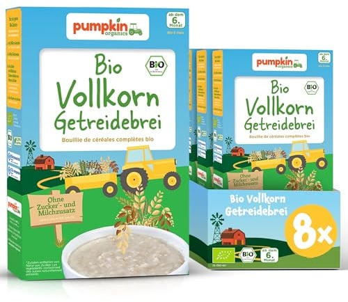 Pumpkin Organics Bio Vollkorn Getreidebrei (8er Pack) mit sanft-cemiger Textur Ideal für Beikoststart – Babybrei ohne Zuckerzusatz¹ ab dem 6. Monat