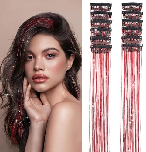 PORSMEER 12 Pcs Rot Haar Flitter Clip in Hair Tinsel 20 Zoll 50 cm bunte Glitter Flitter Haarverlängerungen Party Dazzle Haar Zubehör Stränge für Frauen
