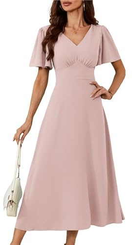 GRACE KARIN Robe Femme Col V Manches Courtes Volantées Dos Carré Taille Froncée A-Line Élégante