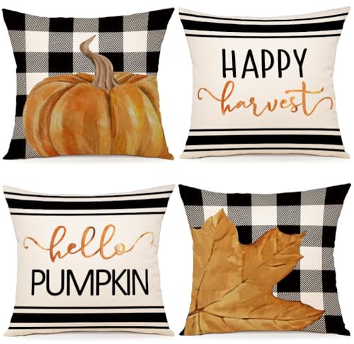 ZWJD Kissenbezug Herbst 50x50 4er Set Herbst Dekoration Kissenhülle Herbst Deko Leinen Kissenhüllen Ahornblätter Kürbis Kissen für DekoSofa Home Garten Schlafzimmer Dekokissen Kissenbezüge 50x50 cm