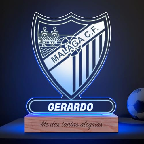 Transparent Gift Lámpara Personalizada Equipos Fútbol. Regalos Originales Cumpleaños Infantiles. Regalos para Hombres, Día del Padre. Diseño Escudo Málaga de Metacrilato y Madera. Luz LED
