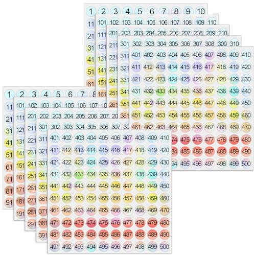 ZEYIYER 10 feuilles autocollant numéroté, etiquette numérotée pour feutre, laser pour points adhésifs, d'étiquettes autocollantes imperméables rondes pour bureaux, casiers, classification(1 à 500)