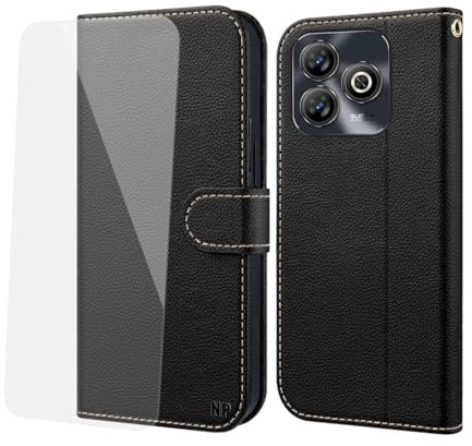 NP-Caser Handyhülle für ZTE Blade A75 4G Hülle [mit Panzer Schutz Glas], Premium Lederhülle mit Kartenfächern [Klappbar Flip case] [Standfunktion] Handy Schutzhülle für ZTE Blade A75 4G, Schwarz