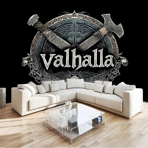 Schwarz Fototapete Wikinger-Symbol Gekreuzte Axt 3D Effekt Hochwertige Wanddekoration Tapete, Vlies Wandbild, Für Wohnzimmer Schlafzimmer Büro B350 X H256 Cm
