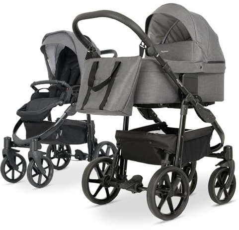 my junior® MIYO² 2in1-Kinderwagen | verstellbare Allrad-Federung | Integrierte Reflektoren | 360° unplattbare Luftkammerreifen | Babywanne klappbar, ventiliert, Wippfunktion - Cool Grey