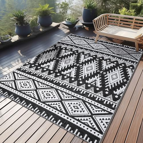 Homaxy Outdoor Teppich Wetterfest, Kunststoff Stroh Faltbar Waschbar UV-beständig Wendbar Balkon Garten Teppich für Terrasse Camping Picknick (120 x 180 cm, Schwarz & Weiß)