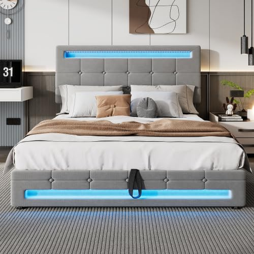 BTM Upholstered Double Bed, 4FT6-135x190cm Double Bed Frame with Storage, 7 Colors and 12 Dynamic Modes LED-Light Strips, Grey Velvet Bed