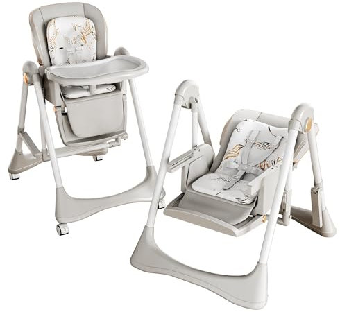 Reenborn PU-Leder Kinderhochstuhl, Schaukel & Babyfütterungs Doppelmodus, Zusammenklappbar und Umbaubar Kleinkinderhochstuhl mit Einstellmöglichkeiten, Abnehmbarem Doppeltablett, Rädern (8121 Grey)